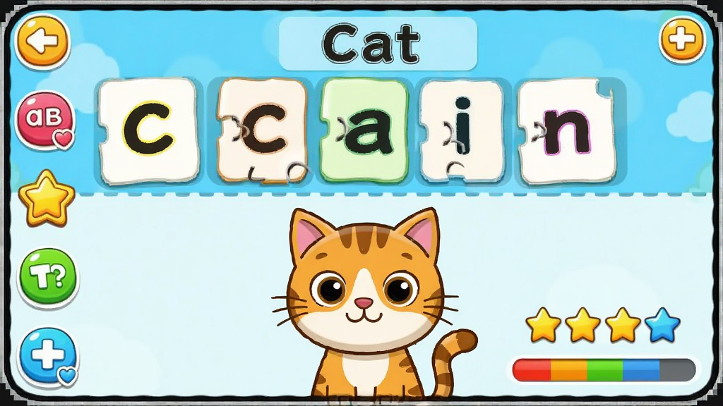 ����ѧӢ��ABC������Ϸ��ϰ���棬����չʾһ����קƴ����Ϸ����Ļ�Ϸ��ǵ��ʡ�Cat������ĸ��Ƭ���·���è�Ŀ�ͨ���󣬲���Ϊ���½ṹ�����Ϊ��ͯ��Ϸ���棬ϸ�ڰ�����ɫ��ť�����ǽ����ͽ����������ʸ��壬�ɾ����޶���Ԫ��