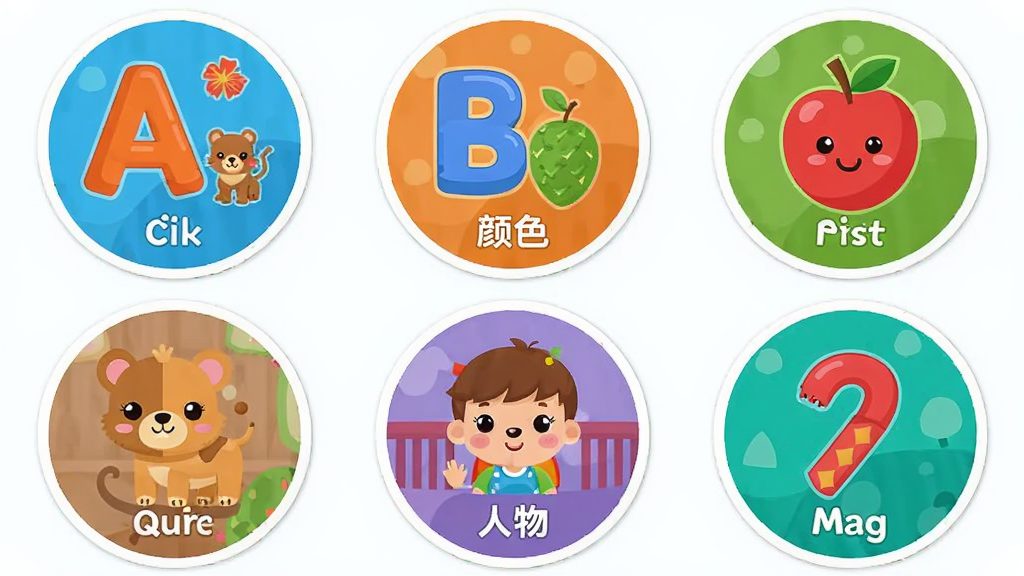 ����ѧӢ��ABC���������棬����չʾ����Բ��ͼ��ֱ������ĸ����ɫ��ˮ�������������������⣬����Ϊ�����������񣬷��Ϊ��ƽ����ͨ��ϸ�ڰ���ÿ��ͼ���ϵ�Сͼ�������ֱ�ǩ�����ʸ��壬�ɾ����޶���Ԫ��