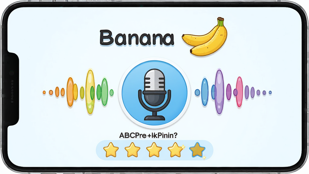 ����ѧӢ��ABC��������������棬����������һ����˷�ͼ�������ͼ�����Ϸ���ʾ���ʡ�Banana�����㽶ͼƬ���·����Ǽ����֣�����Ϊ���жԳƣ����Ϊ���¿�ͨ��ϸ�ڰ�����ɫ�����͹������֣����ʸ��壬�ɾ����޶���Ԫ��