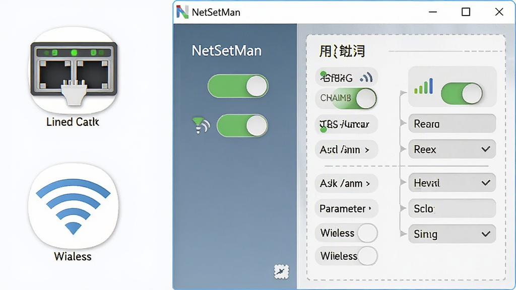 һ��չʾNetSetMan���������������������ܵ�ʾ��ͼ�����������ʾ��������������������ͼ�꣬�Ҳ���ʾNetSetMan���������ж�Ӧ�����������ý��ÿ��غͲ�����������������Ϊ��ˬ�Ľ���չʾͼ������������ϸ�ڰ�������״ָ̬ʾ�ơ��ź�ǿ��ͼ��ȣ������������ɾ��޶���Ԫ��