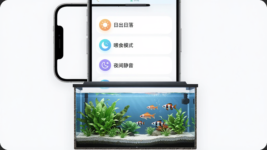 ����չʾ�������App�ĳ������ý��棬�ֻ���Ļ���г�����Զ���ѡ����ճ����䡢ιʳģʽ��ҹ�侲���ȣ�ÿ��ѡ���Ա���Сͼ�꣬�ֻ��·���һ���������ͼ��������ˮ�ݺ��㣬������Ϊ���¼�Լ��UIչʾͼ���Ű����࣬ɫ����ͣ�����ϸ�壬�޶���Ԫ��