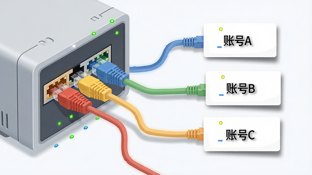 ADSL����������������ѡ��������ͼ������չʾһ̨�����������Ӷ�����ͬ��ɫ�����ߣ�ÿ�����߶�Ӧһ�������˺ſ�Ƭ����Ƭ��д�С��˺�A�����˺�B�����˺�C��������Ϊ���ҷ������Ű����������Ϊ��Լ����廭��ϸ�ڰ��������ӿڡ��˺ſ�Ƭ��Ӱ������ָʾ�ƣ����ʸ��壬�ɾ����޶���Ԫ��