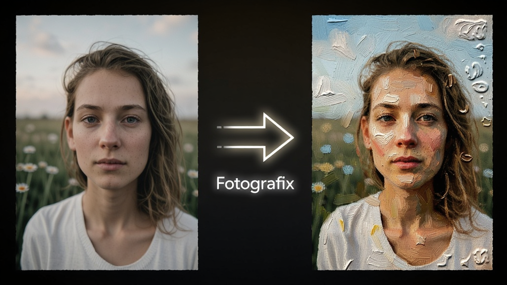 һ��չʾ Fotografix �˾���Ч�Ĵ���ϳ�ͼ�����������ԭʼ��Ƭ���Ҳྭ���˾���������ֳ��ͻ��͸�����Ч�����м���һ������ļ�ͷ�����ָ���Ҳ࣬��ͷ�·�д�� 