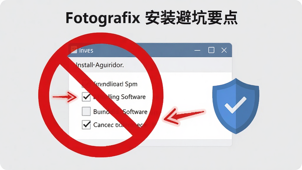 һ��չʾ Fotografix ��װ�ܿ�Ҫ�����Ϣͼ�����������ǰ�װ�򵼴��ڣ���������һ����ɫ�Ľ�ֹ���Ÿ���������������ѡ���ϣ��Ա�����ɫ����ͼ���ʾ��ȫ��ʾ������Ϊǳ��ɫ�����Ϊ��ƽ����Ϣͼ��ϸ�ڰ�����ͷָ��ȡ����ѡ�Ĳ�������������������ɾ����޶���Ԫ��