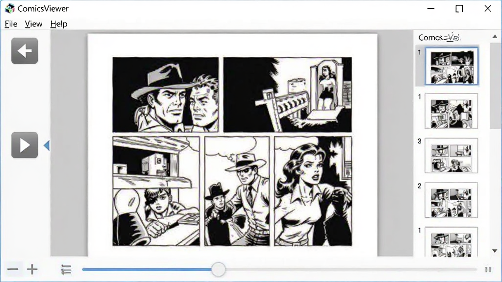 һ��չʾ ComicsViewer �����������ͼƬ�������������������ڣ���������ʾ��һҳ�ڰ��������ݣ����������з�ҳ��ť������ͼ�б����ײ������Ż��飬���岼�ּ�����������Ϊдʵ������ͼ��ϸ�ڰ����˵����ļ�����ͼ��������ѡ������������ɾ����޶���Ԫ��