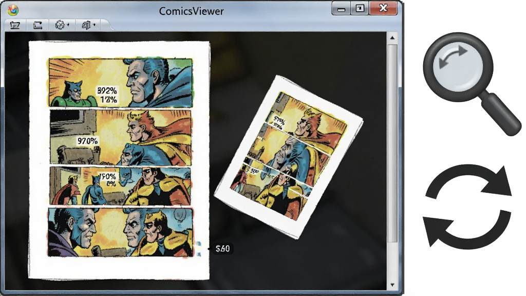 һ��չʾ ComicsViewer ��������ת���ܵ�ʾ��ͼ����������������������ҳ����ֲ�ͬ���ű�������ת�Ƕȣ��Ա��зŴ󾵺���ת��ͷͼ�꣬���Ϊ��๤����廭��ϸ�ڰ������Űٷֱ���ֵ����ת�Ƕȱ�ʶ�������������ɾ����޶���Ԫ��