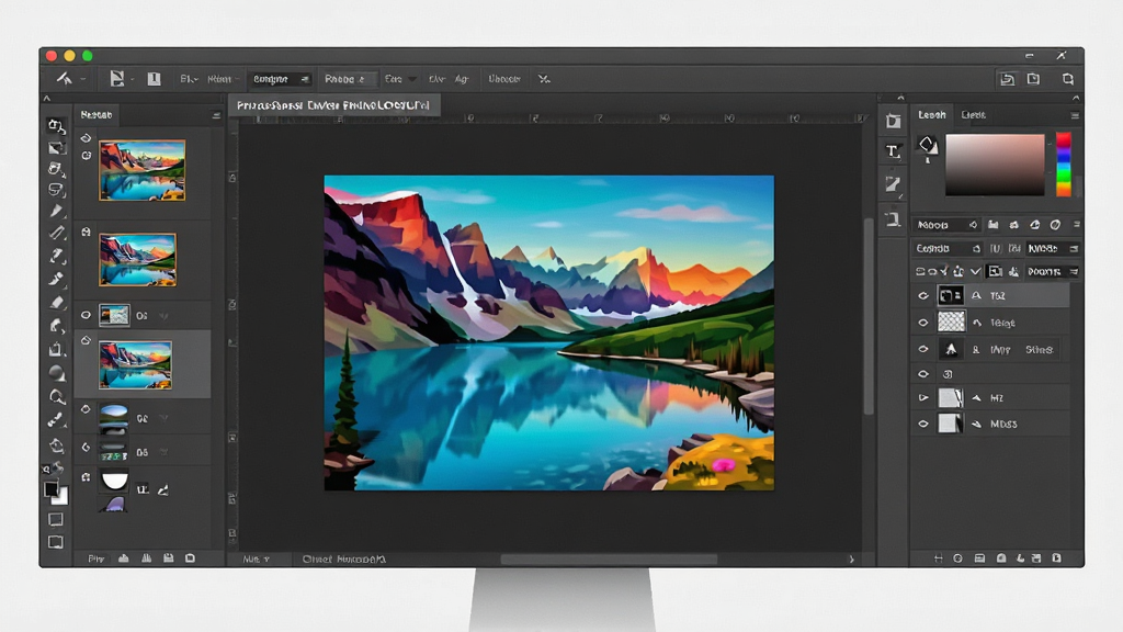 һ��չʾ Adobe Photoshop ���������ȫ��ͼ������Ϊ������Ļ������ʾ Photoshop ���乤���������ְ�����๤�������Ҳ�ͼ��������м仭����������չʾһ��ɫ�����޵ķ羰�ϳɺ������Ű������������Ϊ�ִ����ִ�����ϸ�ڰ���ͼ������ͼ��������塢���ʹ���ͼ�꣬���ʸ��壬�ɾ����޶���Ԫ��