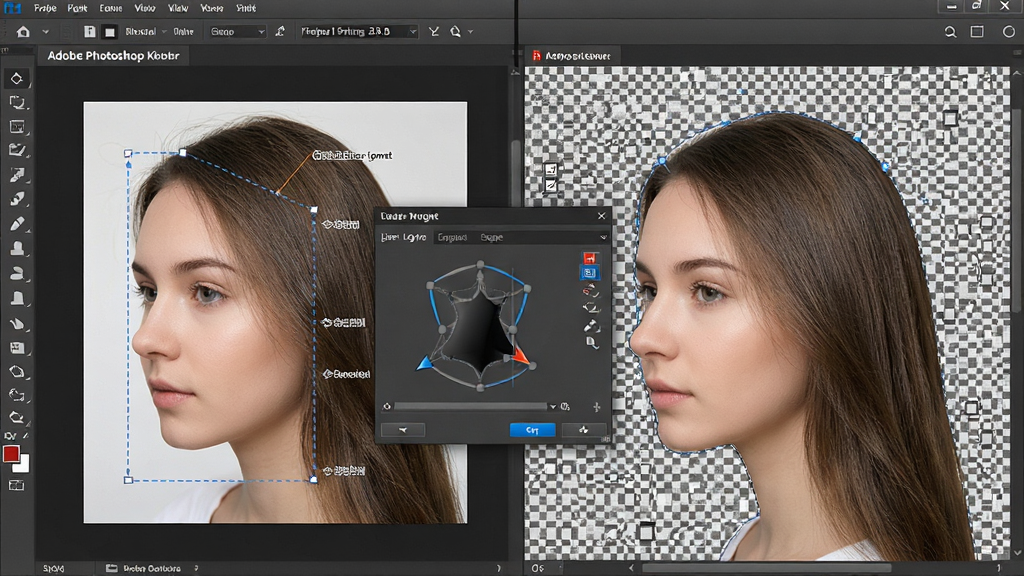 һ��չʾ Adobe Photoshop ��ͼ���ܵ�ʾ��ͼ������Ϊ�������������﷢˿������ѡ�񹤾�ѡ�еĻ��棬����Ϊ���ԭͼ���Ҳ��ͼ��͸������Ч�����Ű����ҶԱȣ����Ϊ����ѧ���ϸ�ڰ���ѡ�����ߡ�������Ե�Ի��򡢺ڰ����̸�͸�����������ʸ��壬�ɾ����޶���Ԫ��