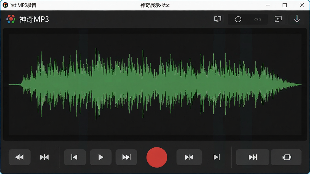 ����������չʾ������Ϊ����MP3¼�������Ĳ������ڣ�����Ϊ�����ߴ�¼��������ʾ����ײ����ư�ť���Ű�����ֱ�ۣ����Ϊ�ִ���Լ�Ƽ��磬ϸ�ڰ�����ɫ¼����ť����ɫ����ͼ����ɫ����Ƥ�������ʸ��壬�ɾ����޶���Ԫ��