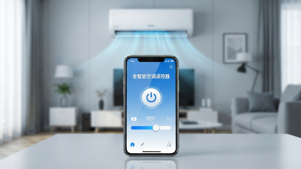 һ��չʾ�ִ����ܼҾ������ͼƬ������������һ�������ֻ������ڿ����輸�ϣ��ֻ���Ļ������ʾ��һ����Ϊ��ȫ���ܿյ�ң��������APP���棬����������һ�����۵ĵ�Դ���ذ�ť���¶ȵ��ڻ��顣������ģ�����ִ�����������һ̨�ڹ�ʽ�յ��������У���������ɫ�����������ֲ��þ��й�ͼ���ֻ���Ϊ�Ӿ����㡣���Ϊдʵ�Ƽ��磬ϸ�����ֻ���Ļ����΢�ķ��⣬����UI��Ƽ���ִ�����ɫ������Ϊ�������������Ƽ��С����ʸ��壬����ɾ����޶�������Ԫ�ء�