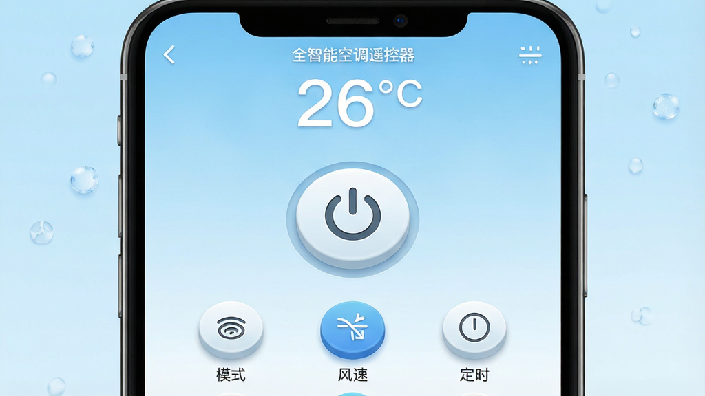 һ��չʾ��ȫ���ܿյ�ң������APP�ɹ���Ժ�����ؽ����ͼ�������������ֻ���Ļ����Ļ�Ϸ���ʾ��ǰ�¶�26�棬�м��о޴�ĵ�Դ���ذ�ť���·���ģʽ�����١���ʱ��ͼ�ꡣ����Ϊ����չʾ�����Ϊ�ִ���ԼUI��ƣ�ϸ���ϰ�ť����΢������У�����Ϊ�����ǳ��ɫ�������������ʵĸо������ʸ��壬����������ȫ���ܿյ�ң���������޶������ʡ�