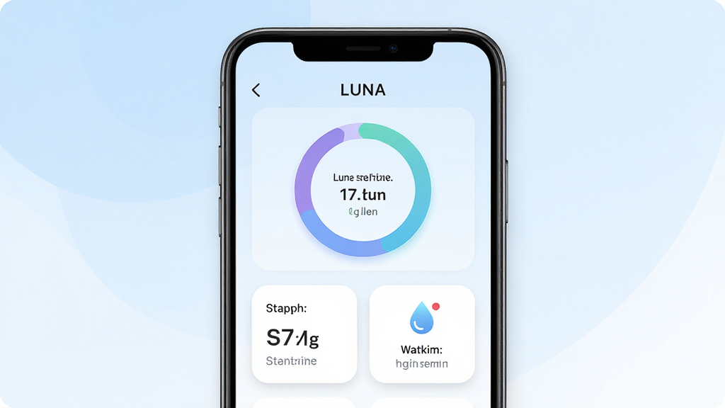 һ��չʾLuna�ƻ�Ӧ����������ֻ���Ļʾ��ͼ������������һ�����������ֻ�����Ļ����ʾ���������Ǳ��̣�����˯��ʱ������ͼ������ͳ�ƿ�Ƭ����ˮ����ͼ�꣬����Ϊǳ�����ɫ��������ɫ�������岼�ּ�����������ñ�ƽ��UI��Ʒ��ϸ��������Բ�ǿ�Ƭ�������Ӱ�����ʸɾ��������޶���װ��Ԫ��