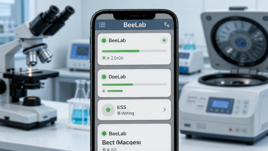 һ��չʾ BeeLab ����״̬���Ľ����ͼ���ͼƬ���������ֻ���Ļ��ʾ���������Ƭ��ÿ����Ƭ������ɫ����ָʾ�ơ����������豸���ƣ�����Ϊ�黯��ʵ���һ���������΢�������Ļ�����������ɫ��ƫ�����Ƽ�����ϸ�ڷḻ�����ʸɾ�
