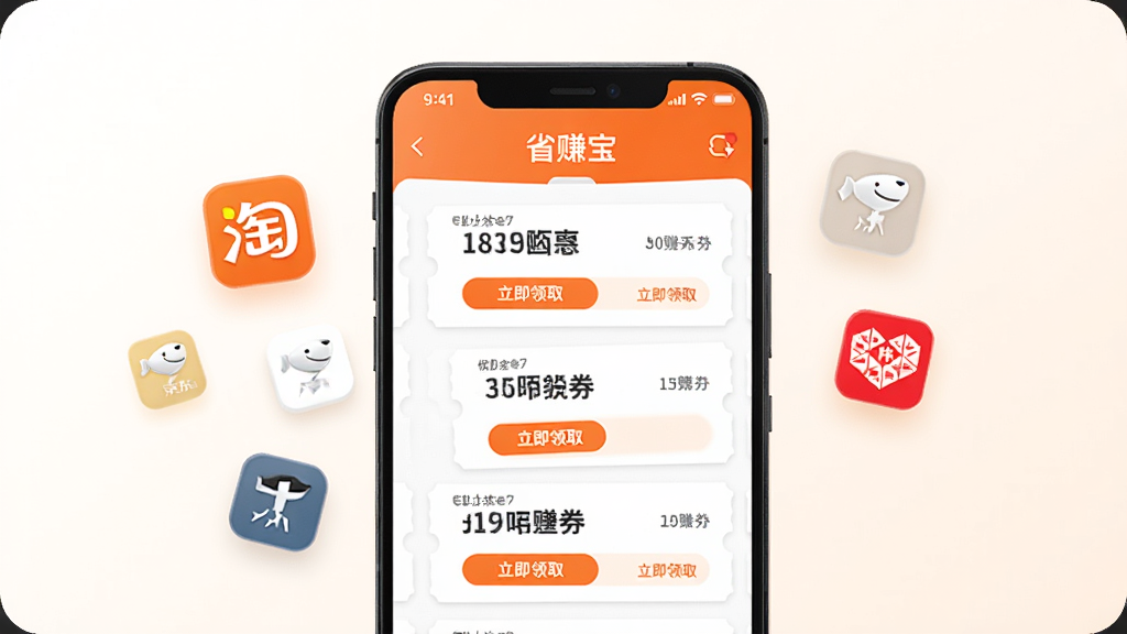 ʡ׬���Ż�ȯ�ۺϹ���չʾͼ��������һ����׿�ֻ���Ļ����ʾʡ׬��APP���Ż�ȯ��ȡҳ�棬ҳ���ڲ���չʾ���Ų�ͬ�����Ż�ȯ��Ƭ����Ƭ���С�������ȡ����ť���ֻ��Ա�Ư�����Ա���������ƴ����ƽ̨��Сͼ�꣬����ɫ����ů�������Գ�ɫ�Ͱ�ɫΪ���������ɾ���࣬���廭�ʣ��޶���װ��Ԫ��