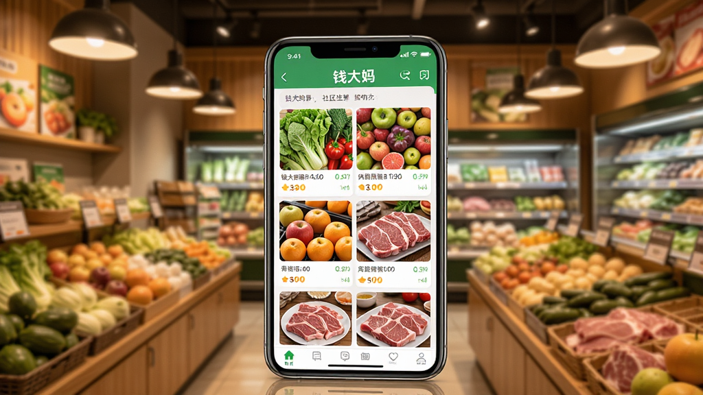 Ǯ����APP��ҳ����չʾ������������һ�������ֻ�����Ļ����ʾǮ�������ʹ���ƽ̨����Ʒ�б������������߲ˡ�ˮ��������ͼƬ����������ܰ���������ʳ��л�����ůɫ���ƹ⣬��ʵ��Ӱ���ϸ�ڷḻ�������������ɾ��޶���Ԫ��