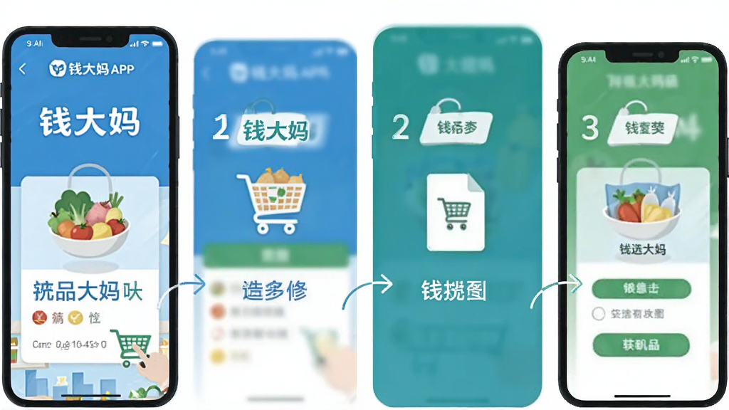 Ǯ����APP��������ʾ��ͼ���ֻ���Ļչʾ��ѡƷ���µ����ĸ����裬����