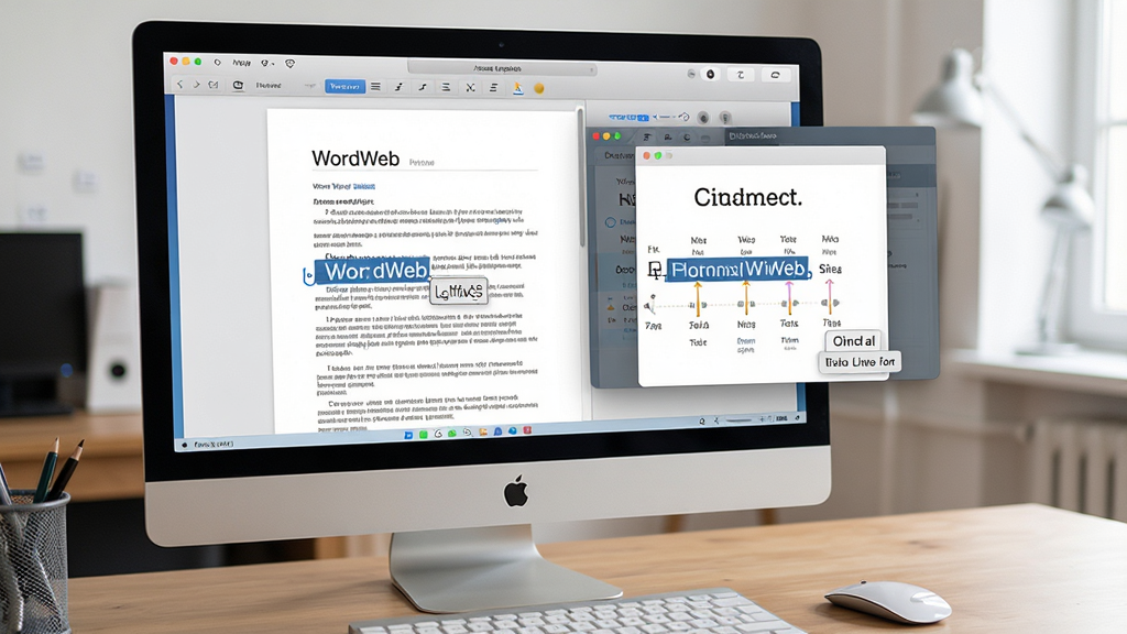 WordWeb���ʲ�ѯ����չʾ�������ǵ�����Ļͬʱ��ʾ�ĵ��ʹʵ䵯��������Ϊ���ҷ������Ű���Ȼ�����Ϊ�칫����дʵ��ϸ�ڰ������ѡ�е��ʺͿ�ݼ���ʾ�����ʸ��壬�ɾ����޶���Ԫ��