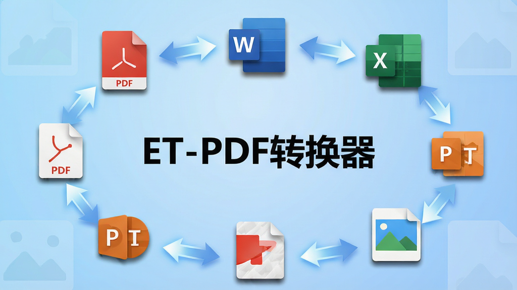 ��������չʾ��ET-PDFת�������������ƣ���Χ����PDF��Word��Excel��PPT��ͼƬ���ļ���ʽͼ�꣬ͼ��֮����˫���ͷ���ӣ��γ�ѭ��ת�����Ӿ�Ч��������Ϊǳ��ɫ���䣬���ֲ������ķ���״�Ű棬���Ϊ��ƽ���Ƽ��磬ϸ�ڰ���ͼ��������Ӱ����ͷ��Ч���ļ�����ͼ���������ʸ��壬�ɾ����޶���Ԫ�ء�