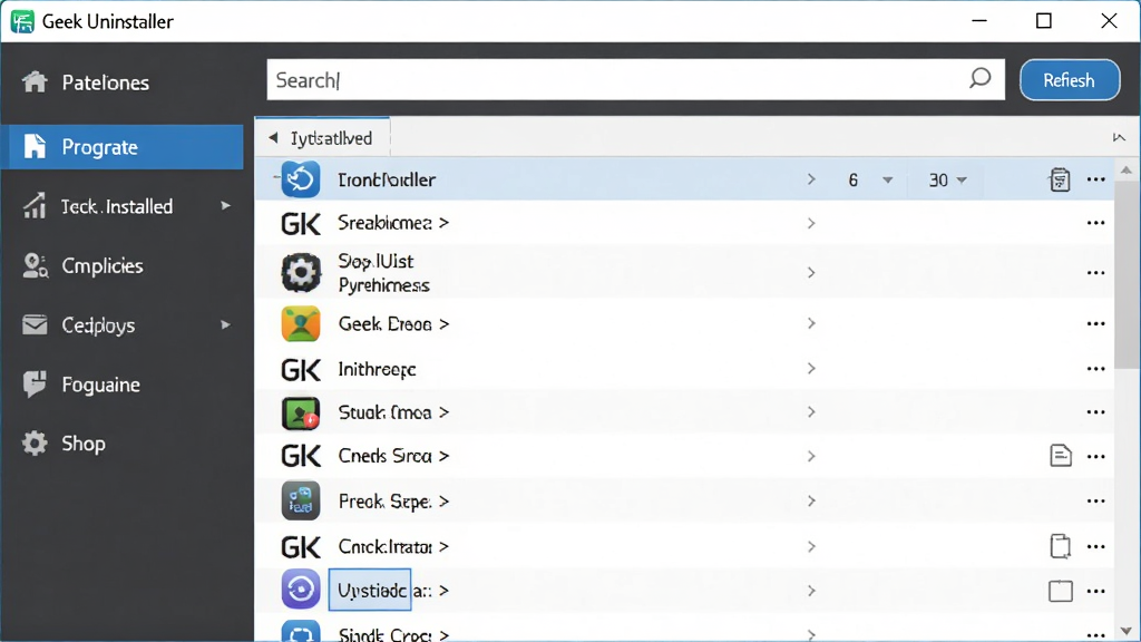 Geek Uninstaller �����������ͼ������չʾ��ˬ�������б����ڣ����Ϊ���ܵ��������Ҳ�Ϊ�Ѱ�װ�����б�����������������ˢ�°�ť���������ǳɫ�����񣬽���ɾ��޶���Ԫ�أ����������������������ʺ���������վչʾ