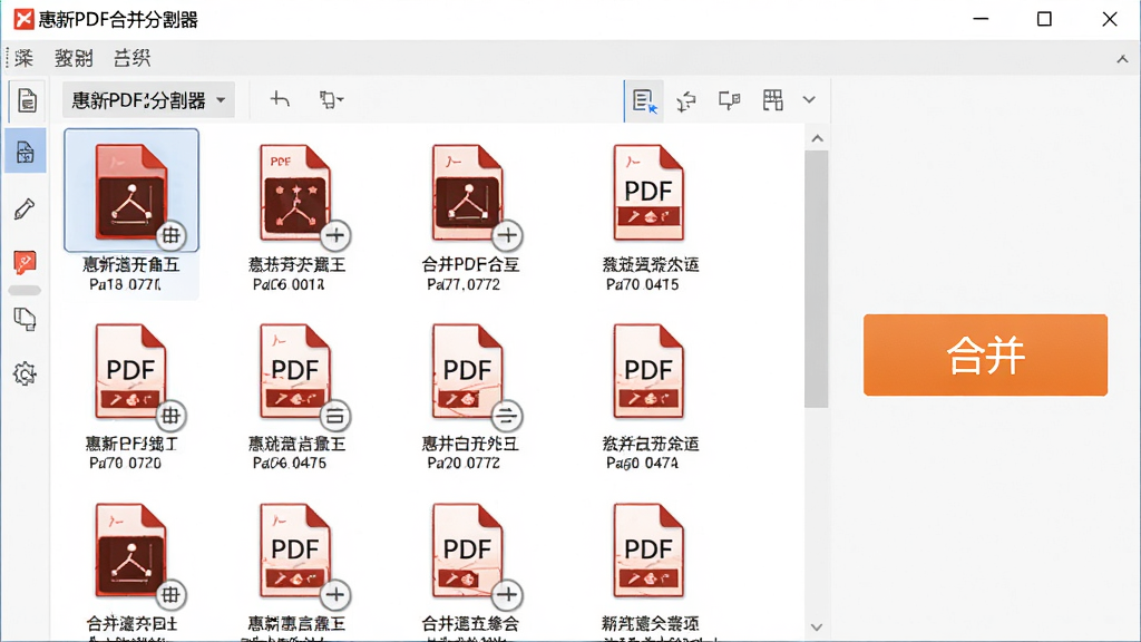 ����PDF�ϲ��ָ��������ϲ����ܽ��棬����չʾ���PDF�ļ�ͼ�����������������б����򣬴��п���ק����ı�ʶ���Ҳ�����Ŀ�ĺϲ���ť����������������Ļ��ʾ�ļ�������ҳ����Ϣ�������������ɾ��޶���Ԫ��