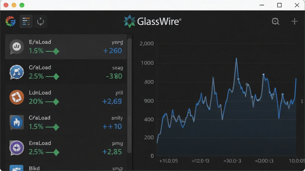 һ��չʾGlassWire����������Ľ�ͼ��������������ɫ�������������Ǳ��̣�����г����Ӧ�ó���ͼ�꼰���ϴ��������ʣ��Ҳ���ʵʱ����ͼ��������GlassWire��־��������Ƽ���ǿ��ϸ�����������ʸɾ����޶���Ԫ��