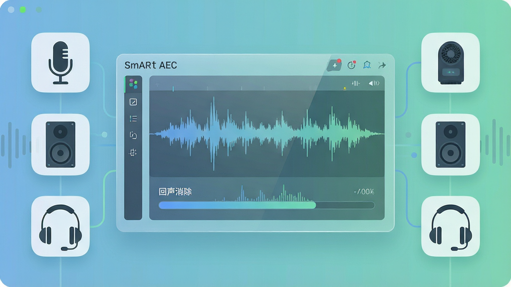 һ��չʾ Smart AEC ��������ĸ���ͼ������������������������壬�������ʾ��Ƶ�����������������������Χ������˷硢����������������Ƶ�豸ͼ�꣬���ּ��Գƣ��Ű��������򣬷��Ϊ�ִ��Ƽ��б�ƽ����ƣ�ϸ�ڰ�����͵�����ɫ���䱳�����͸�������ʸ���壬���ʸ��壬�ɾ��޶���Ԫ��
