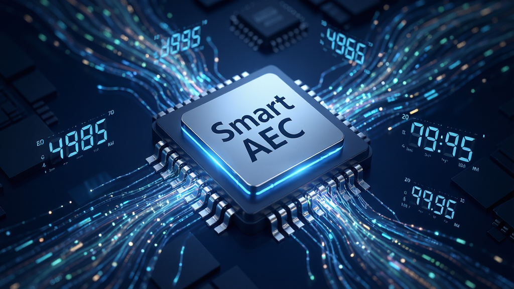 һ��չʾ Smart AEC ���ӳ�ʵʱ���������ĸ���ͼ������������һ��������ת����Ƶ����оƬͼ�꣬оƬ����ӡ�� Smart AEC ��������Χ���ƿ������������ݹ�����������ĶԳƣ����Ϊδ���Ƽ��У�ϸ�ڰ�������ɫ��������˸�ĺ����ʱ��Ԫ�أ������������ɾ��޶���Ԫ��