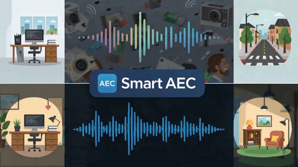 һ��չʾ Smart AEC �ೡ������Ӧ���빦�ܵĺϳ�ͼ�������Ϊ���������֣��ϰ벿��Ϊ���ӻ����е�����ͼ�꣬�°벿��Ϊ��������������Ĵ����������м��� Smart AEC ������־���ӣ����ֲ�η��������Ϊ�ִ���ƽ����Ϣͼ��ϸ�ڰ����칫�ҡ��ֵ�����ͥ���ֻ���ͼ�껷�����ܣ����ʸ��壬�ɾ��޶���Ԫ��