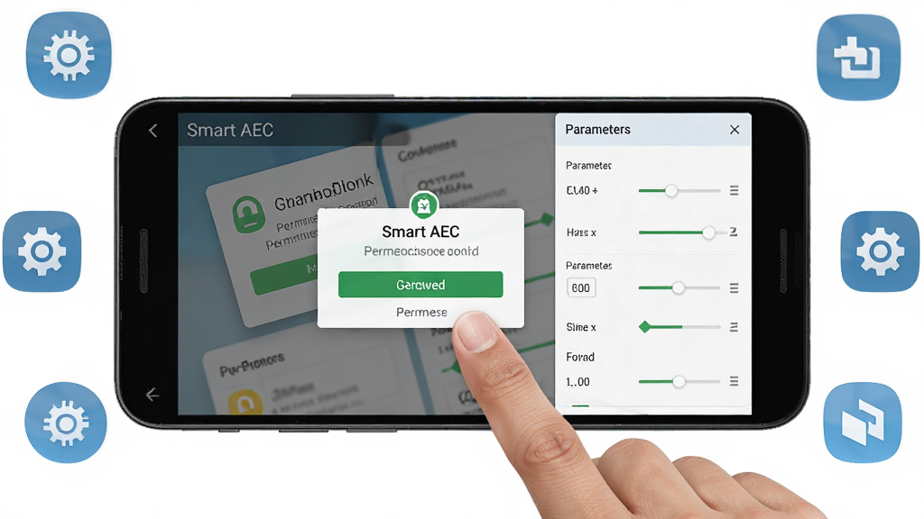 һ��չʾ Smart AEC �����ڰ�׿�ֻ��ϲ��������ʾ��ͼ����������Ϊ�ֻ���Ļ��ʾ���������棬��Ļ����ʾȨ�����赯�������������壬����Ϊ�ֻ�UI���֣����Ϊдʵ���ϸ�ڰ�����ָ�����Ļ�Ĳ�����������Χ���Ƶ�����ͼ�꣬���ʸ��壬�ɾ��޶���Ԫ��