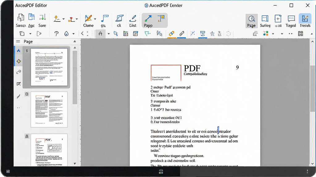 һ��չʾ����PDF�༭�����������Ԥ��ͼ������Ϊ������Ļ�д򿪵�PDF�ĵ��༭���ڣ����ֲ������ҷ����ṹ�����Ϊҳ������ͼ�������Ҳ�Ϊ��ǰ�༭ҳ�棬���������������ɼ����Ű��������򣬷��Ϊ�ִ��칫�������ϸ�ڰ������ֹ�ꡢע�͹���ͼ�ꡢҳ�������ť�����ʸ��壬����ɾ����޶���Ԫ��