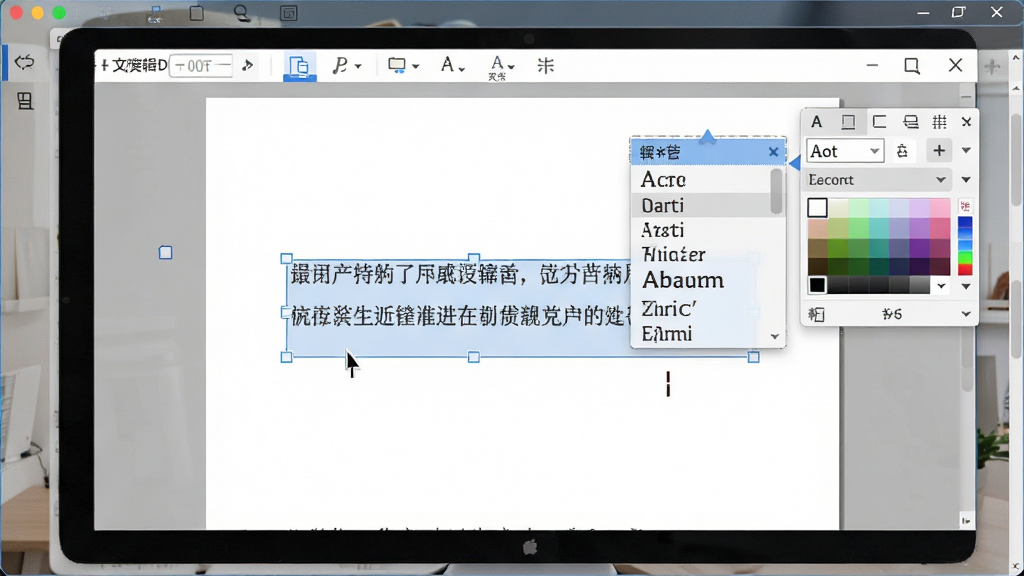 һ��չʾ����PDF�༭�����ֱ༭���ܵĳ���ͼ������Ϊ������Ļ��PDF�ĵ���һ�α�ѡ�е����֣���Χ���ֱ༭����������ù����������־���չʾ�༭�����Ű�ͻ�������޸Ĳ��������Ϊ��ʵ���������ͼ���ϸ�ڰ��������˸�����������˵�����ɫѡ��������������������ɾ����޶���Ԫ��