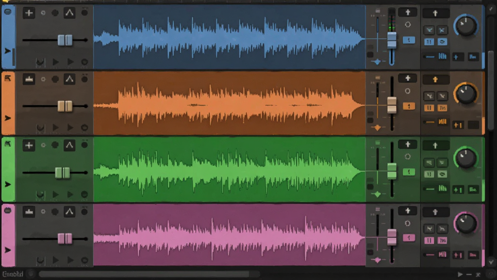 һ���� Digital Audio Editor ���ɵĶ������������ͼ����������ʾ������ͬ��ɫ����Ƶ����������У�ÿ��������в���������ͼ�꣬����Ϊ��ɫרҵ��Ƶ�������ϸ�ڰ�������������������ť�����������ɾ��޶���Ԫ��