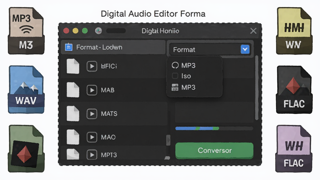 һ��չʾ Digital Audio Editor ��ʽת�����ܵ�ʾ��ͼ�������������ļ��б����ʽ�����˵�����Χ������ MP3��WAV��FLAC �ȸ�ʽͼ�꣬���Ϊ��ƽ���Ƽ��У�ϸ�ڰ�����������ת����ť�����������ɾ��޶���Ԫ��