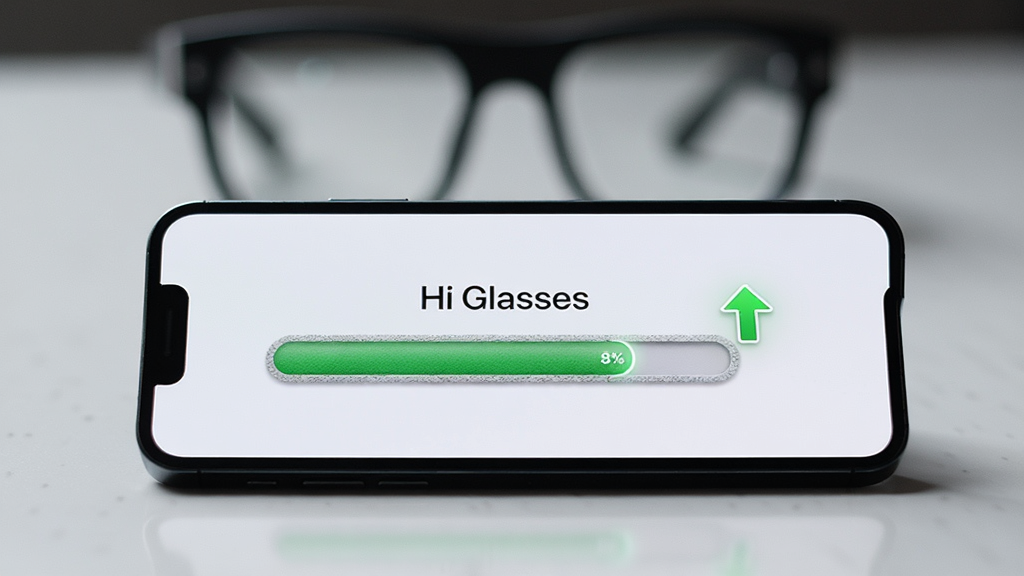 ����չʾһ���ֻ������������ϣ��ֻ���Ļ��ʾ��Hi Glasses���Ĺ̼�������������������Ϊ��ɫ���Ա���һ�����ϵļ�ͷͼ�꣬�������黯�������۾���������Ϊ���¿Ƽ��磬���־��У�ϸ����ǿ�����������ʸк�ͼ��ļ�࣬���ʸ��壬�ɾ����޶���Ԫ�ء�