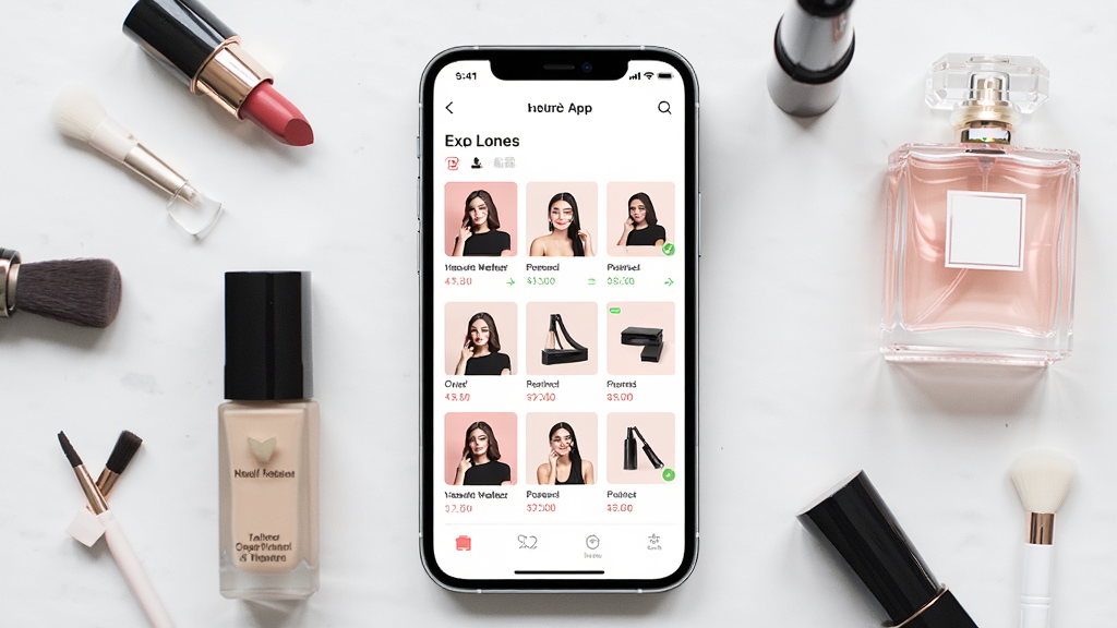 һ��չʾ������ױAPP���Ľ�����ֻ�ģ��ͼ������Ϊһ�����������ֻ�����Ļ����ʾ��ױ��Ʒ������ɹ��б�ҳ�棬����Ϊ���й�ͼ���ֻ������׺�ں졢�۵�Һ����ˮƿ����ױԪ�أ��Ű��������򣬷��Ϊ�ִ���Լ���̷磬ϸ�����ֻ��߿�Բ����Ļɫ����������ƷͼƬ���������ʸ��壬�ɾ����޶���Ԫ��