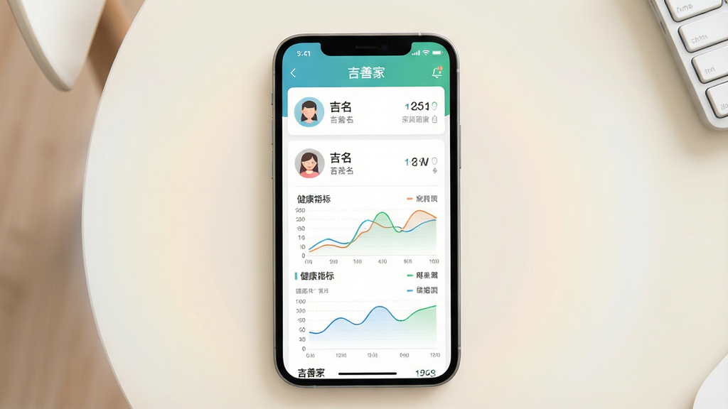 ���Ƽ�APP��ͥ�����������棬����չʾһ���ֻ���Ļ����Ļ���Ǽ�ͥ��Ա���������б�������ͷ������������ָ������ͼ������Ϊ�ɾ���ǳɫ���棻�Ű�Ϊ�ֻ�����չʾ����������͹��Σ����Ϊ��ƽ��UI��ƣ�ϸ�ڰ���������ͼ������ֵ�͡����Ƽҡ����������ʸ��壬�ɾ����޶���Ԫ�ء�