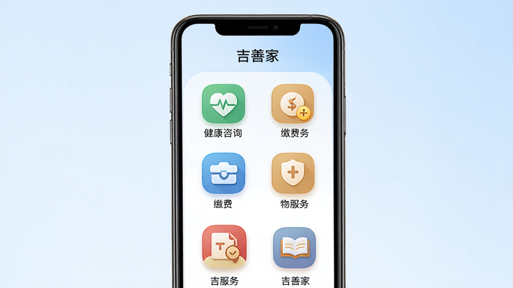 ���Ƽ�APP�������ҳ�棬����չʾ�ֻ���Ļ����������ķ���ͼ�꣬�罡����ѯ���ɷѡ������ȣ�����Ϊ����ɫ���䣻�Ű�Ϊ�ֻ�������У����ΪԲ��ͼ����ϸ�ڰ���ͼ���·������ֱ�ǩ�Ͷ��������Ƽҡ����⣻���ʸ��壬�ɾ����޶���Ԫ�ء�