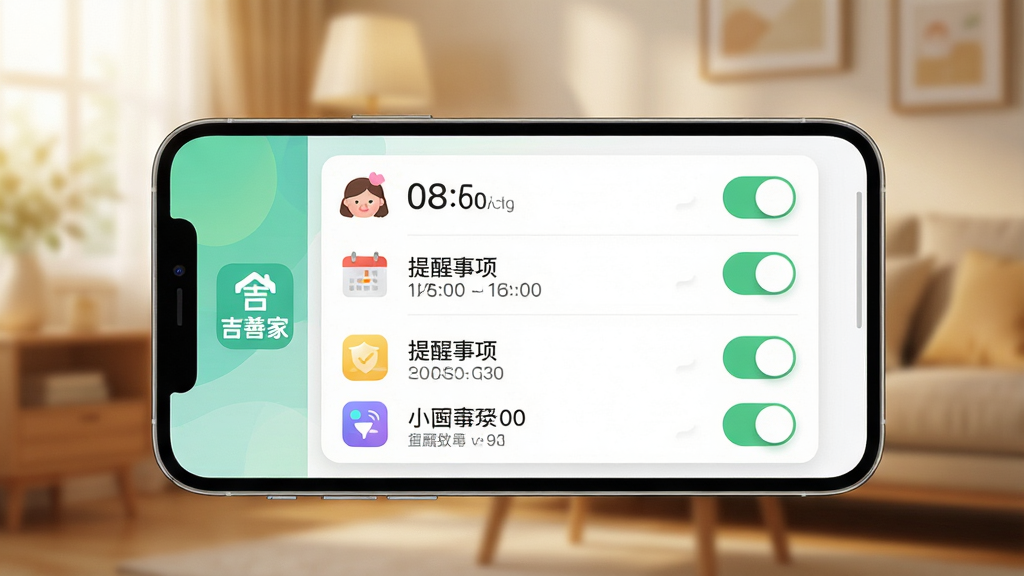 ���Ƽ�APP�����������ý��棬����չʾ�ֻ���Ļ��ʾ�����б�������ʱ�䡢��������ͼ��Ϳ��ذ�ť������Ϊ��ܰ�����ڳ����黯���Ű�Ϊ�ֻ����չʾ�����Ϊ���¿�Ƭʽ��ƣ�ϸ�ڰ�����ɫͼ�ꡢʱ�����֡�08:00���͡����Ƽҡ���ʶ�����ʸ��壬�ɾ����޶���Ԫ�ء�