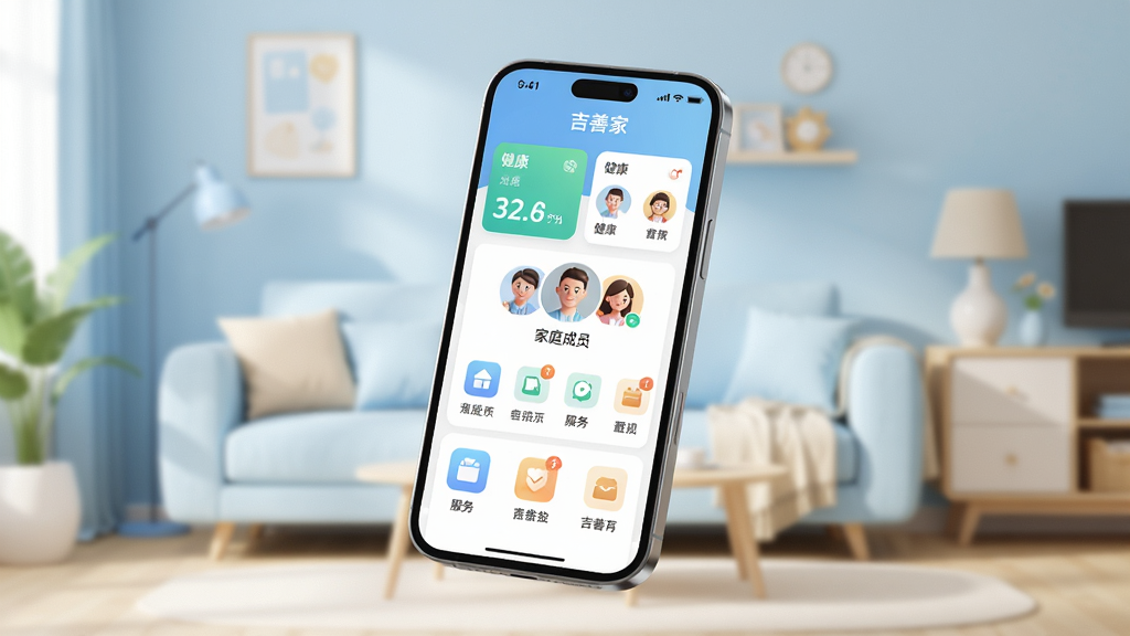 ���Ƽ�APP������չʾ������������һ�������ֻ�����Ļ����ʾ���Ƽ�Ӧ����ҳ�������������ݿ�Ƭ����ͥ��Աͷ�񡢷������ͼ���Ԫ�أ�����Ϊ��ܰ�ļҾӻ�����ɫ����ǳ����ů��Ϊ�����Ű���þ��й�ͼ���ֻ���΢��бչʾ��Ļ���ݣ����Ϊ�ִ���Լ3D��Ⱦ��ϸ�ڰ�����͵���Ӱ��������ͼ������֡����Ƽҡ������ʸ��壬�ɾ����޶���Ԫ�ء�