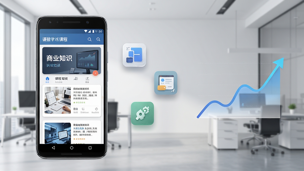 �õ�����ѧ�ֻ�APP����չʾ������������һ��������׿�ֻ����ֻ���Ļ��չʾ�γ��б�����ҵ֪ʶ��Ƭ������Ϊ�ִ���Լ�İ칫�ҳ��������岼�����������֣����Ϊ�ֻ����壬�м�Ϊ������֪ʶͼ�꣬�Ҳ�Ϊ�����������ߣ����Ϊ��ƽ������Ƽ��磬ϸ�ڰ����ֻ��߿�߹⡢��Ƭ��Ӱ��ͼ��΢�ʸУ������������ɾ����޶���Ԫ��