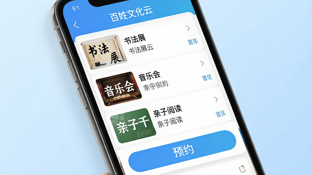 һ��չʾ�����Ļ���APP�Ļ��ԤԼҳ���AI��ͼ����������Ϊ�ֻ���Ļ��д����Ļ����ʾ��б���ԤԼ��ť��������鷨չ�����ֻᡢ�����Ķ��ȡ�����Ϊ����ǳ��ɫ���䣬���Ϊ�ִ���ƽ����ƣ�ϸ��������������ʾ