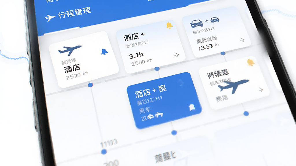 ����չʾ���ķ�����Ӧ�õ��г̹���ҳ�棬��Ļ����ʱ������ʽ���к��ࡢ�Ƶꡢ�ó����г̿�Ƭ����ɫΪ��������磬�����������ϸ����ͻ��ʱ����������ͼ�꣬�����������ɾ����޶���Ԫ��