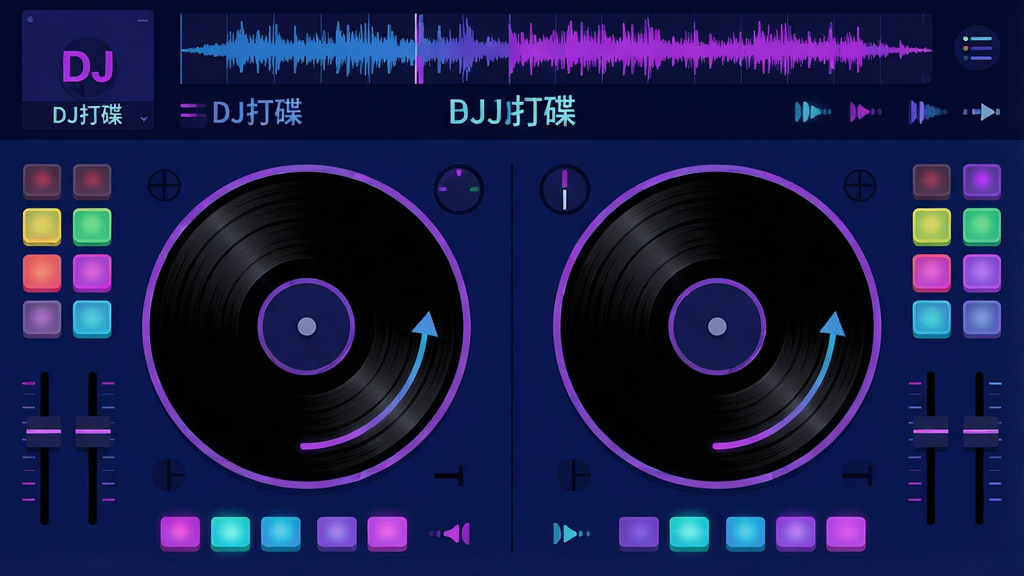DJ�������������д����������չʾ����Բ�����⳪�̣��������кڽ���������תָ�룬��������ֲ��Ų�ɫ��Ч�����������������ӣ���Ļ�Ϸ���ʾ����ͼ����Ŀ���ƣ�������Ϊ��ƽ���Ƽ��廭����ɫ���������޺���Ϊ����ϸ�ڰ�����������Ч���벨���������������������ɾ������������ֱ�ע��DJ�����