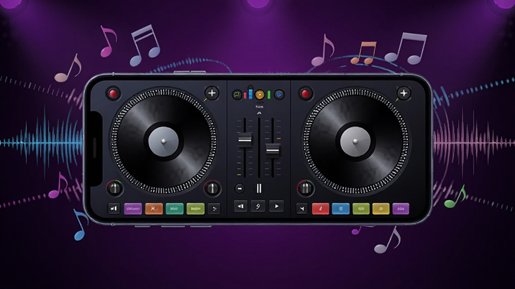 һ�������ֻ���������ڻ������룬��Ļ��ʾDJ���������˫ת�̻������棬������������Բ�γ�Ƭת�̡������������ɫ��Ч�������ֻ���Χ��������������������������������������ɫ������̨�ƹ⣬���Ϊ�ִ��Ƽ��в廭��ϸ�ڰ���ת�̶̿ȡ������߹���������ɢ���������������ɾ����޶���Ԫ��