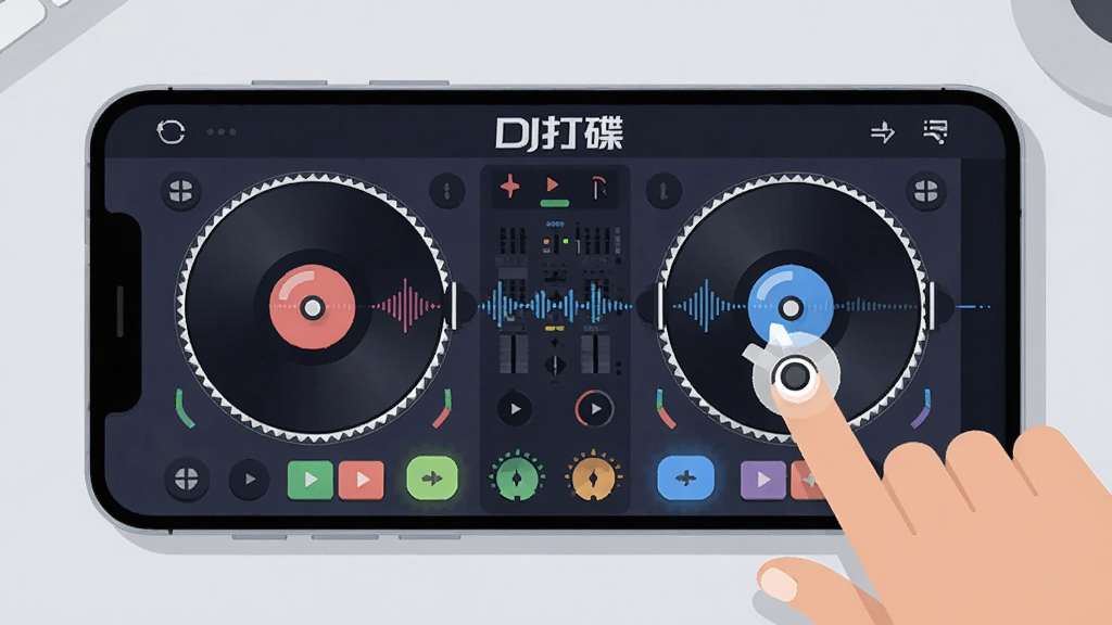 DJ���������������ʾ��ͼ������չʾһ���ֻ��������ã���Ļ����ʾ˫ת������Ч�������Ա�����ָ�����Ļ�Ķ���ʾ�⣬����Ϊ����ǳ��ɫ���棬���Ϊ��ƽ����ѧ�廭��ϸ�ڰ�����ָͼ�ꡢ�����߹��벨�����������������ɾ������������ֱ�ע��DJ�����