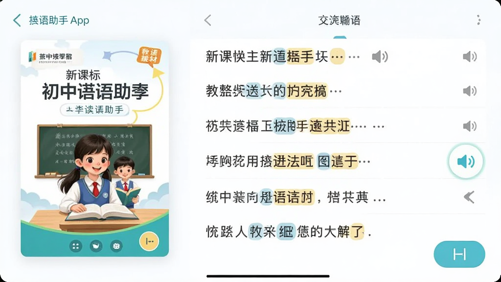 ͼƬ�������¿α����Ӣ������App�Ľ̲ĵ������ҳ�棬����Ϊ���̲ķ�������ͼ���Ҳ��������б����Ű����룬����ִ������࣬ϸ���и������ʡ�����ͼ�ꡢ������ť�����������ɾ��޶���Ԫ��