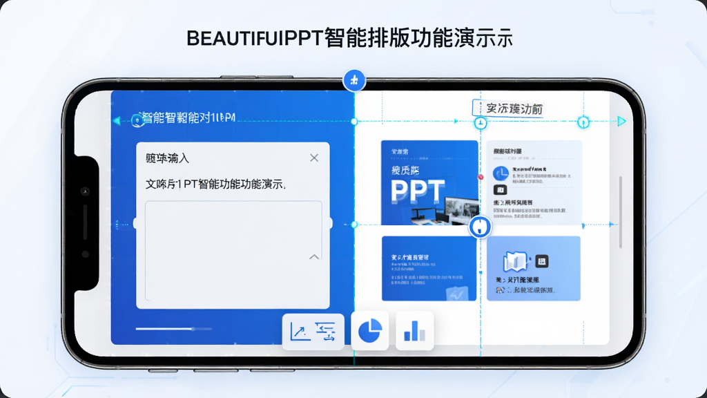 һ��BeautifulPPT�����Ű湦����ʾͼ���������ֻ���Ļ��ʾ���ڱ༭�Ļõ�Ƭ�����������������Ҳ�ʵʱԤ���Ű�Ч������Ļ�Ϸ������ܶ�����ʾ�ߣ��·���ͼ�����밴ť���������Ƽ���ʮ�㣬��ɫ������Ϊ�����������������ʸ��壬�ɾ��޶���Ԫ��