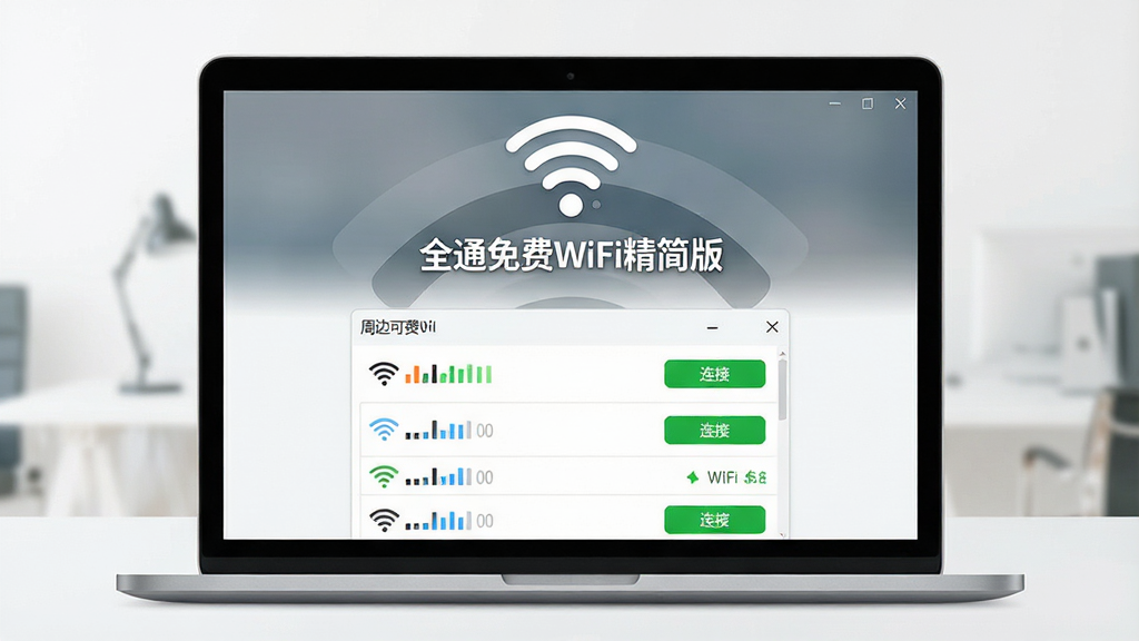 һ��չʾȫͨ���WiFi��������������ȫ��ͼ������Ϊ�ʼǱ�������Ļ��ʾ���������棬���ֲ��þ��жԳ��Ű棬�����Ϸ�����Ŀ��WiFi�ź�ͼ����������ơ�ȫͨ���WiFi����桱�������·��г��ܱ߿���WiFi�б������Ϊ�ִ��Ƽ���Լ�磬ϸ�ڰ����ź�ǿ�ȸ�������ɫ��ȫ���Ӱ�ť�������������ɾ����޶���Ԫ��