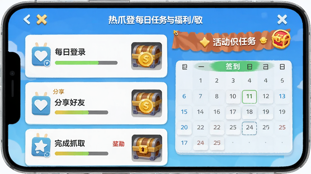 ��צClawÿ�������븣�����棬�ֻ���Ļչʾ�����б���ǩ���������������ÿ�յ�¼���������ѡ����ץȡ�ȣ��Ա��н�Һͱ��佱��ͼ�꣬����Ϊ��Ƭʽ�����Ϊ�������죬ϸ�ڰ������������������Ԥ�������������ʸ��壬�ɾ����޶���Ԫ��