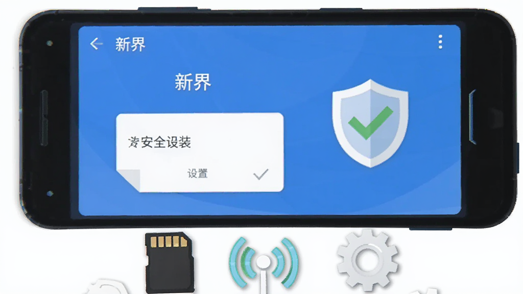 ����չʾһ����׿�ֻ�����Ļ����ʾ���½硱APP�İ�װȨ�����ý��棬�Ա��й�ѡ��ǺͶ���ͼ�ꡣ�ֻ��·�ɢ���Ŵ洢���������ź�ͼ��ͳ��֡�����Ϊ�ֻ����У�Ԫ�ػ��ơ����Ϊ����ƽ����ɫ��������Ϊ������׺��ɫ�Թ�������������������Ԫ�أ�ͻ����ȫ��װ��Ȩ�����õ����⡣